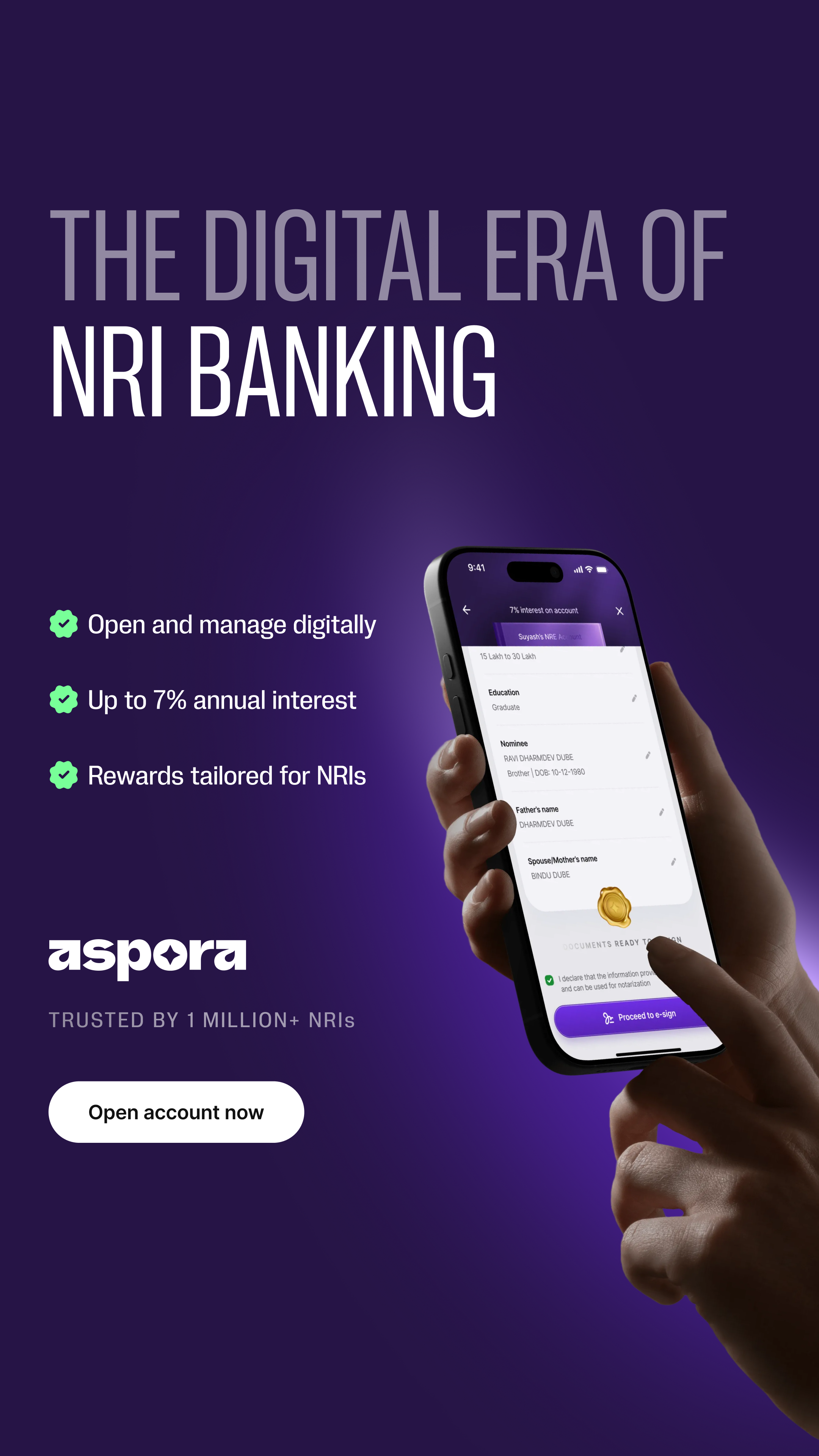 Aspora NRI Banking account-opening creative with a phone in hand and the product’s key benefits