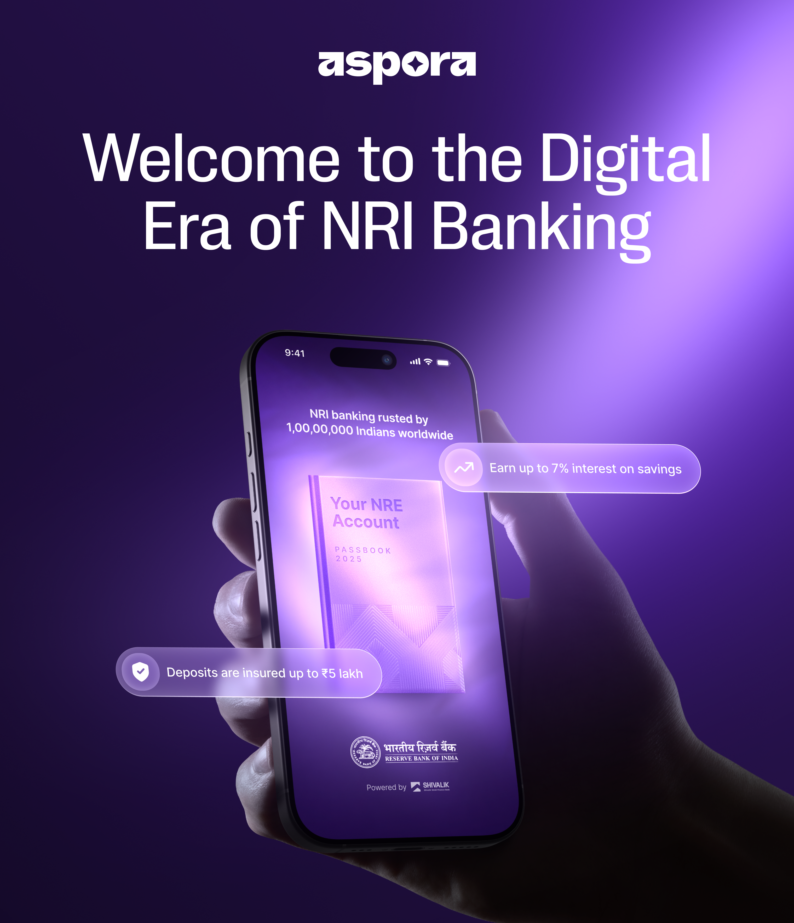 Aspora NRI Banking launch creative showing a phone held in hand against a purple gradient
