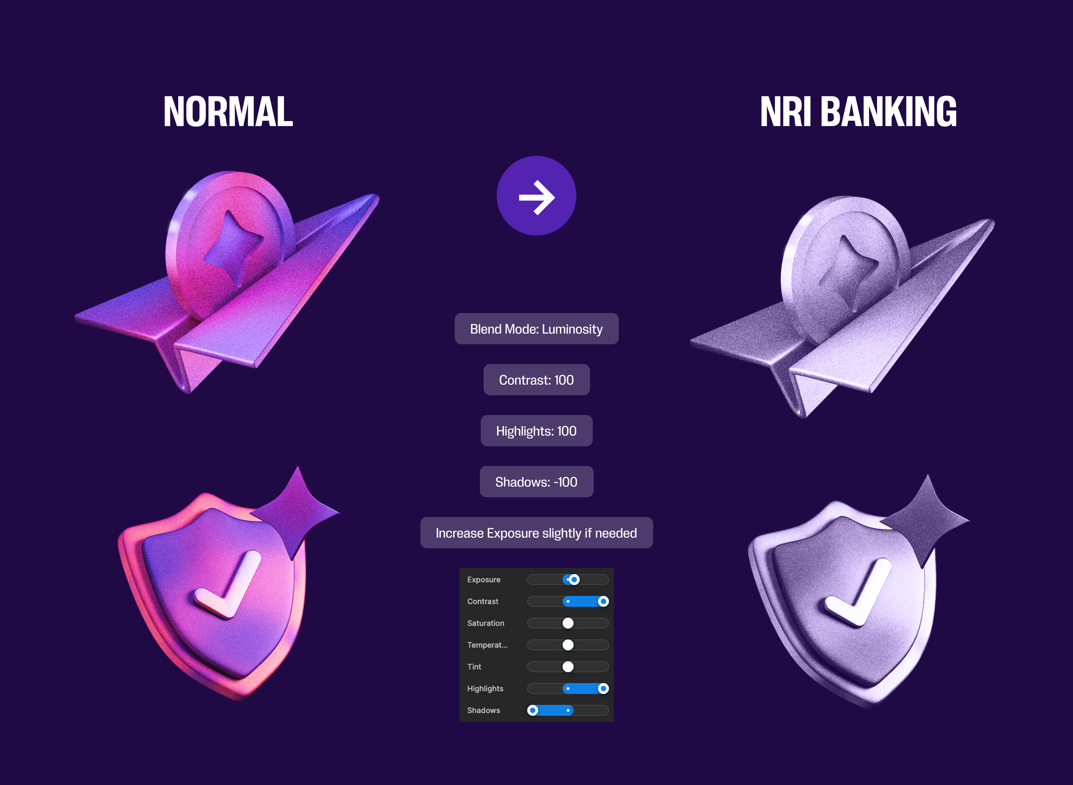 Comparison of Aspora’s colourful 3D illustrations and their purple NRI Banking adaptations