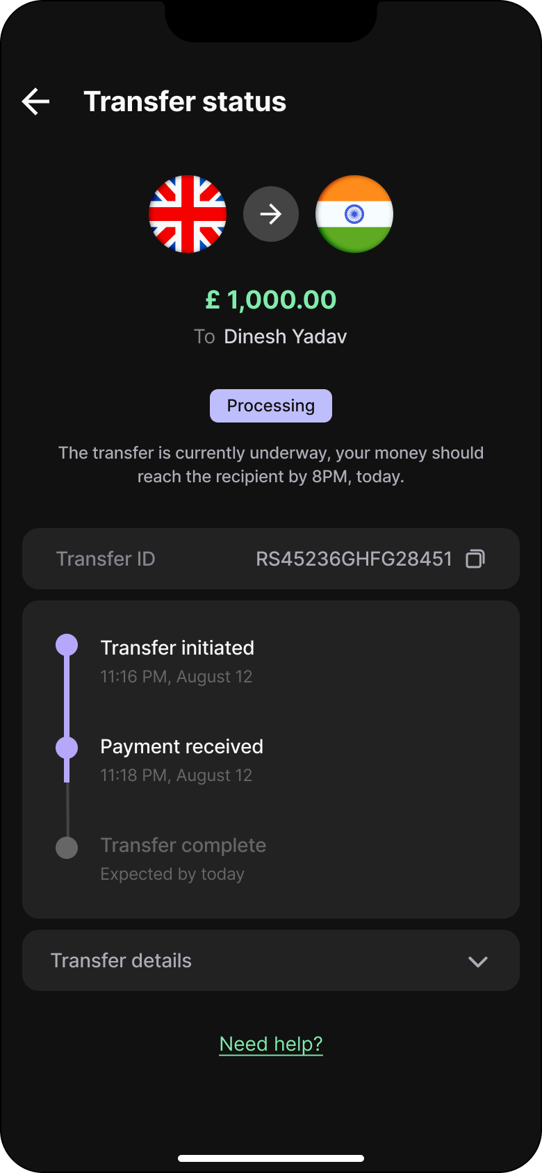 Live money transfer status
