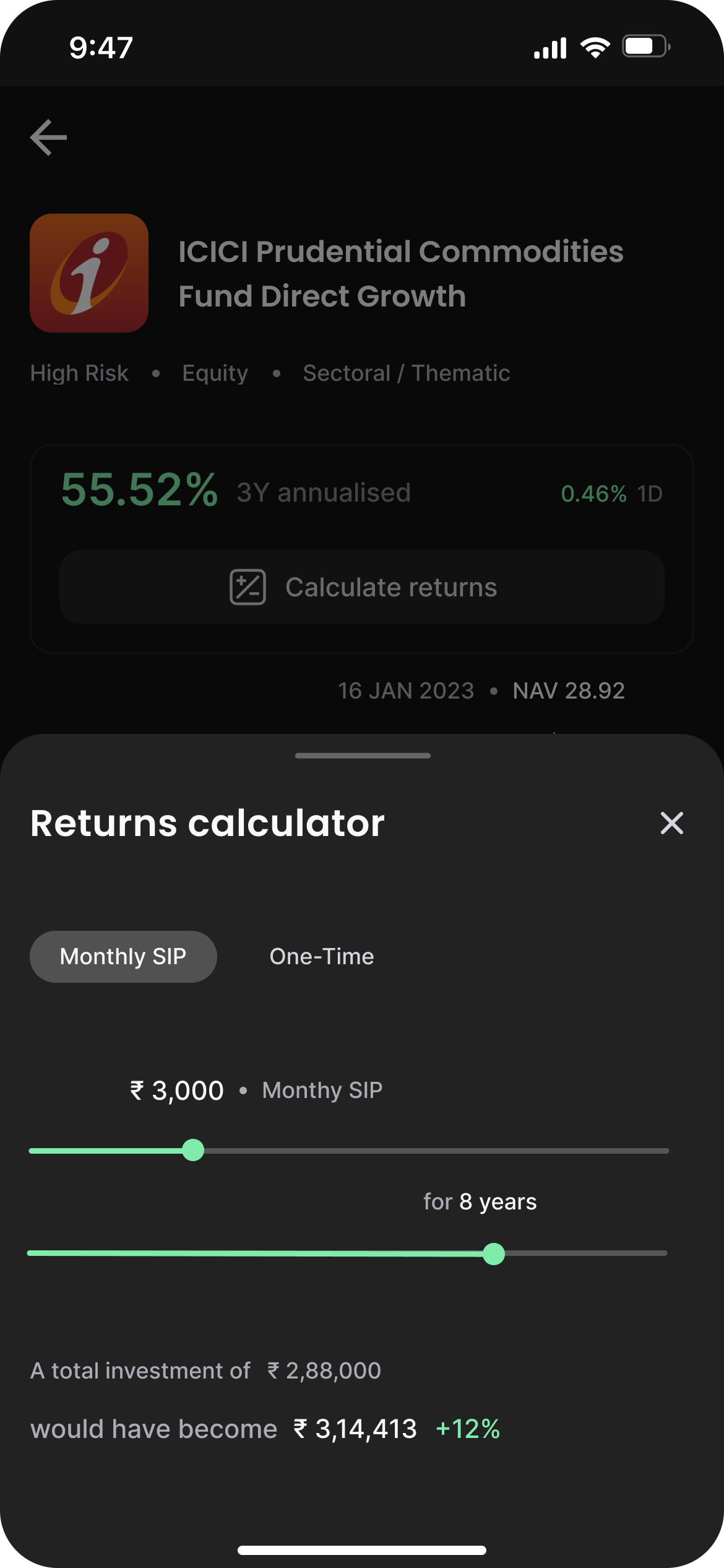 Returns calculator for a monthly SIP