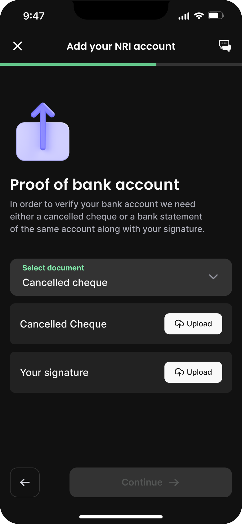Proof of bank account upload
