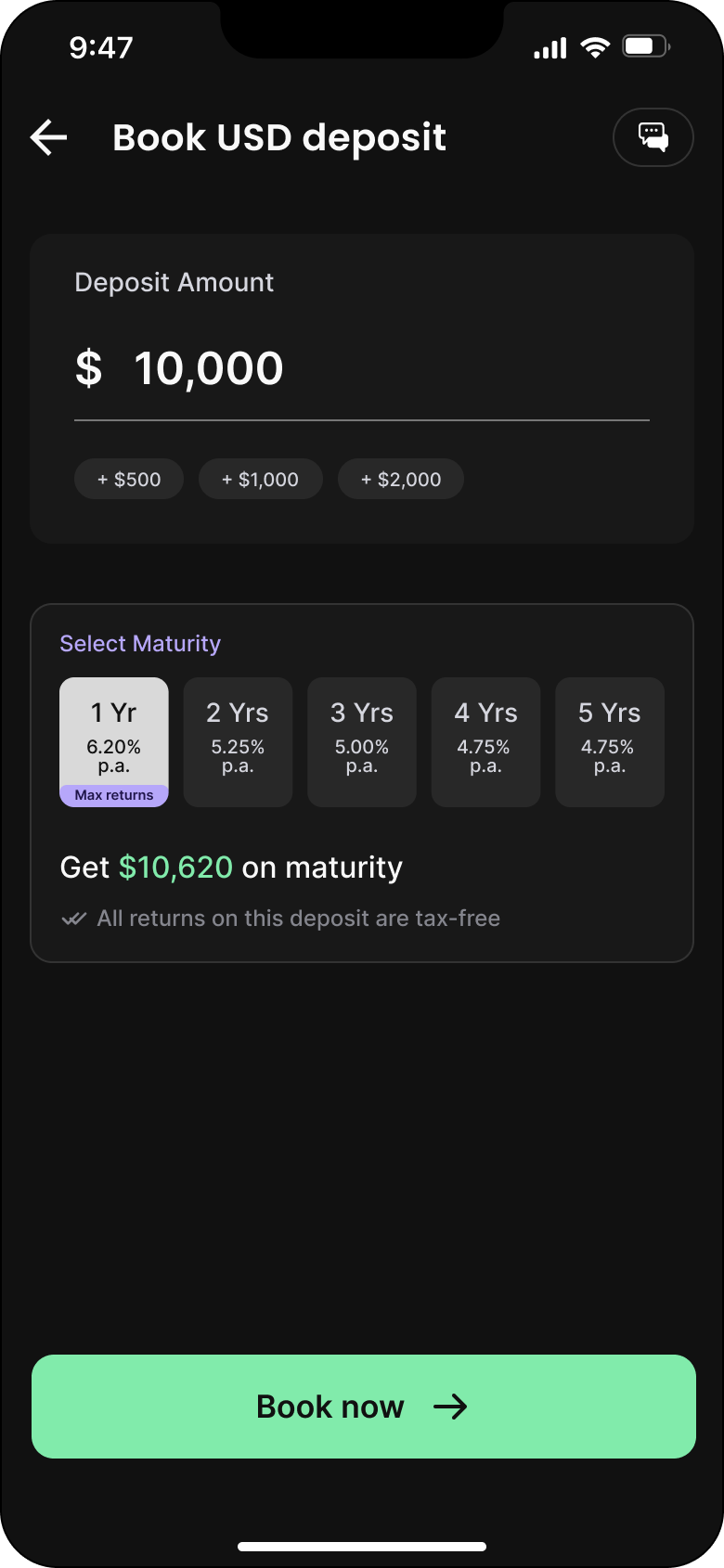 Book a deposit with amount and tenure