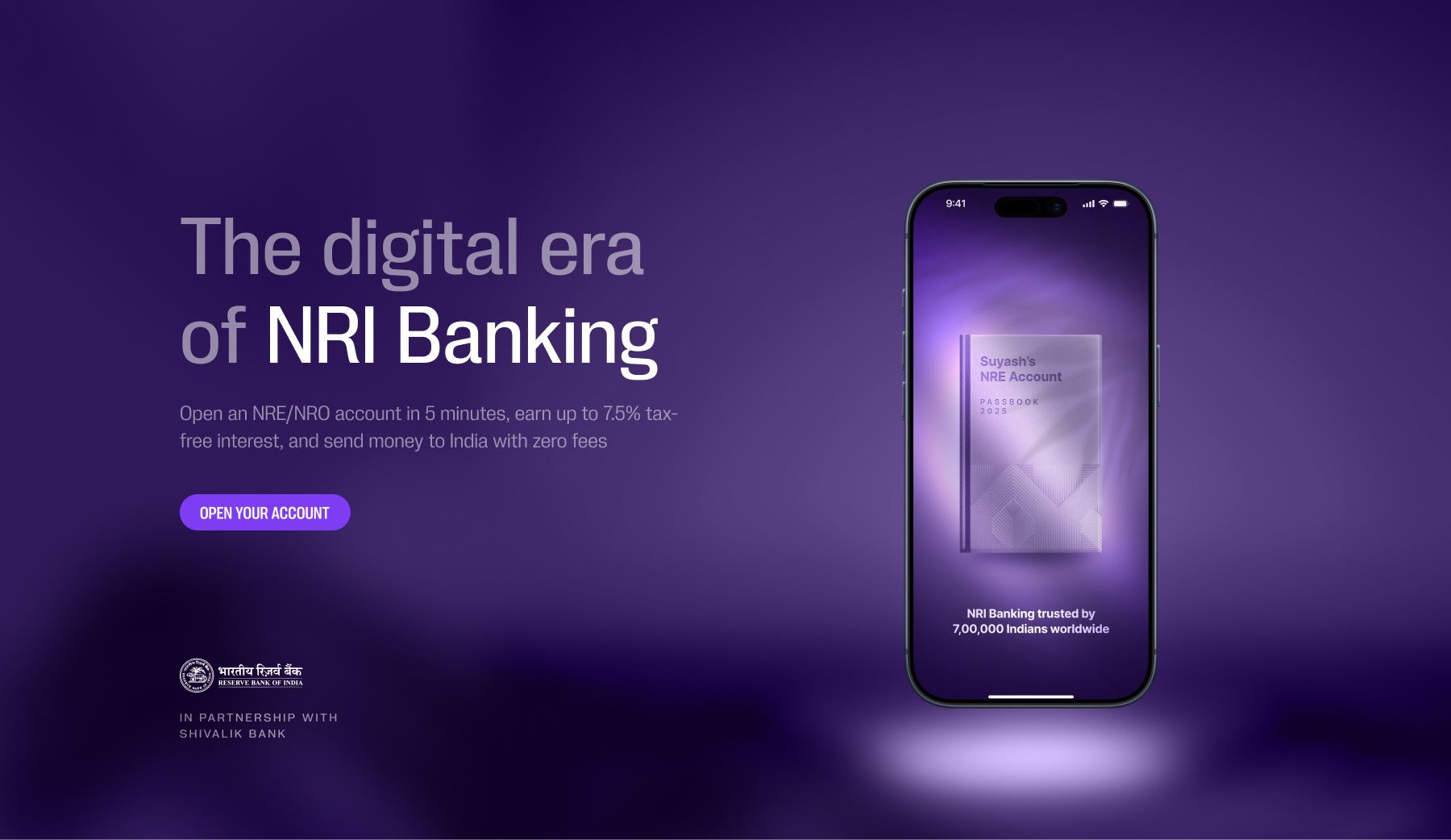 Aspora NRI Banking website hero in deep purple