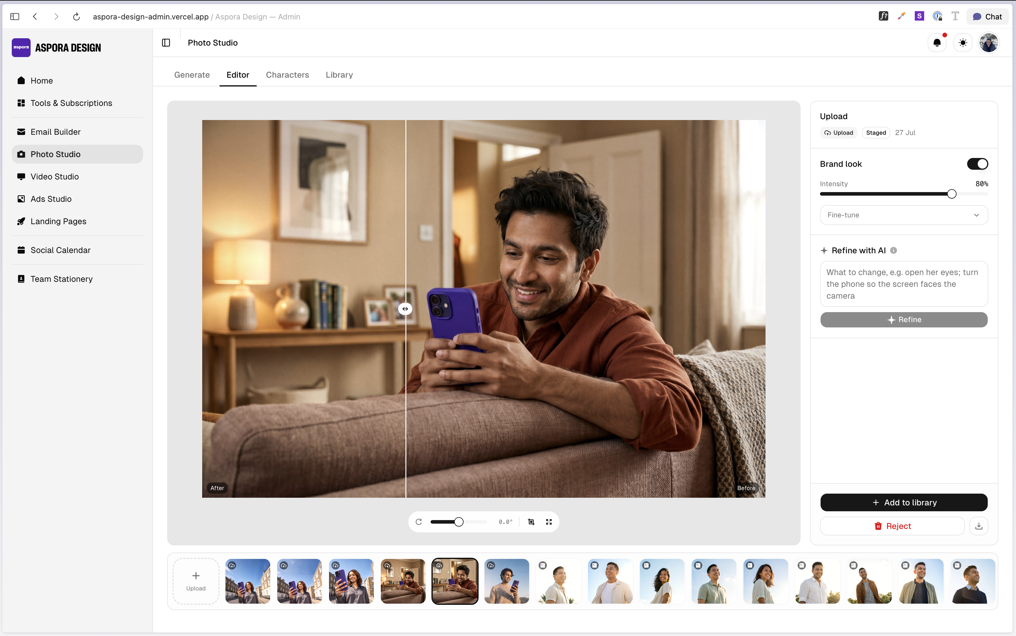 Aspora Brand Lab photo editor with an image library and editing controls