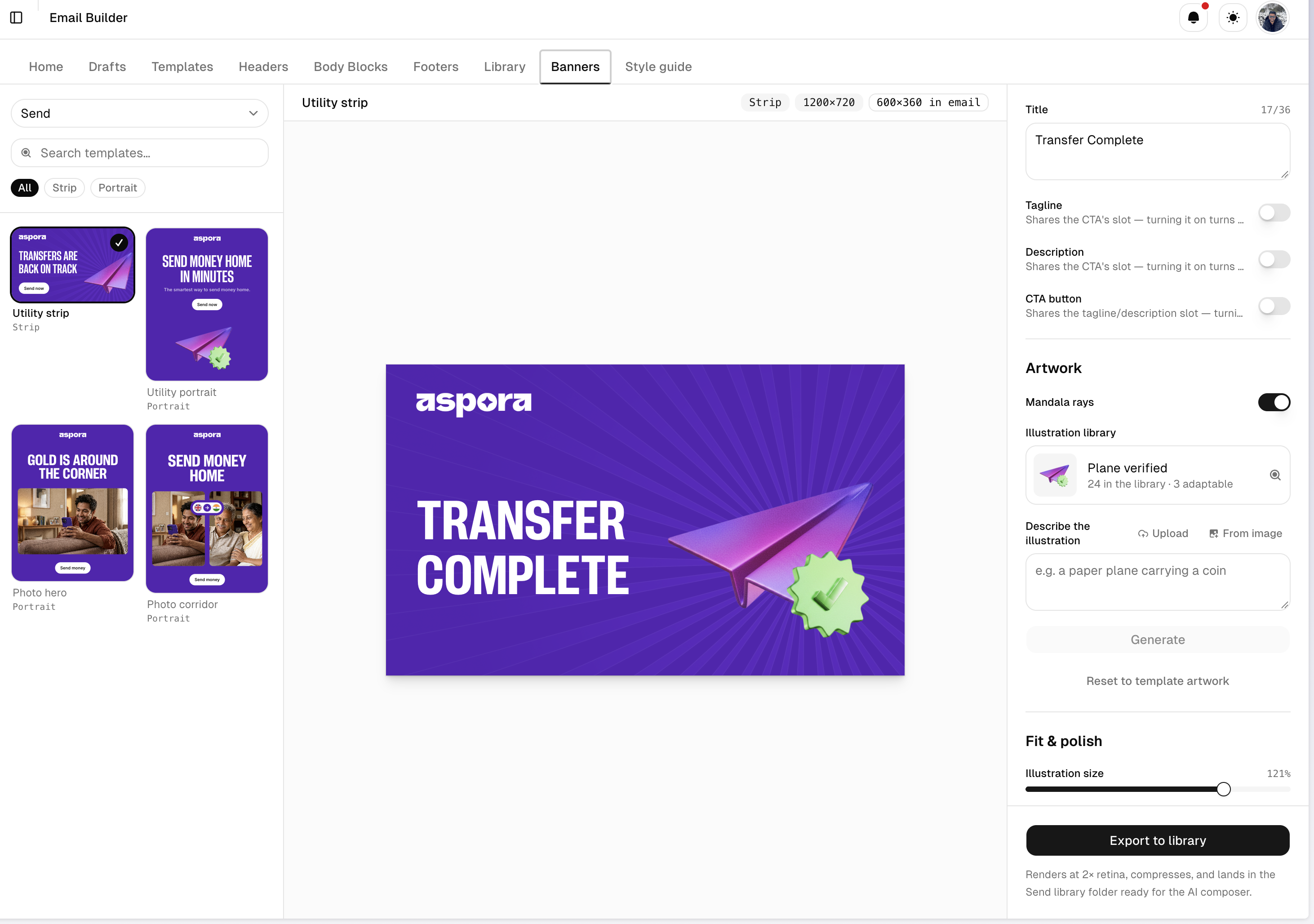 Branded banner editor showing a transfer complete graphic