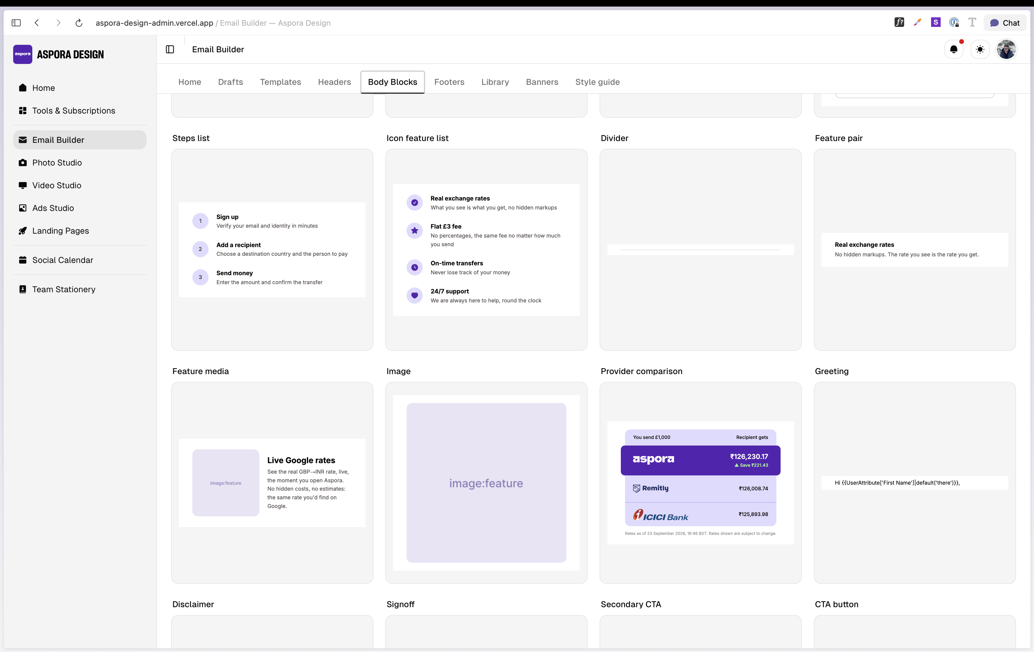 Library of reusable email body blocks